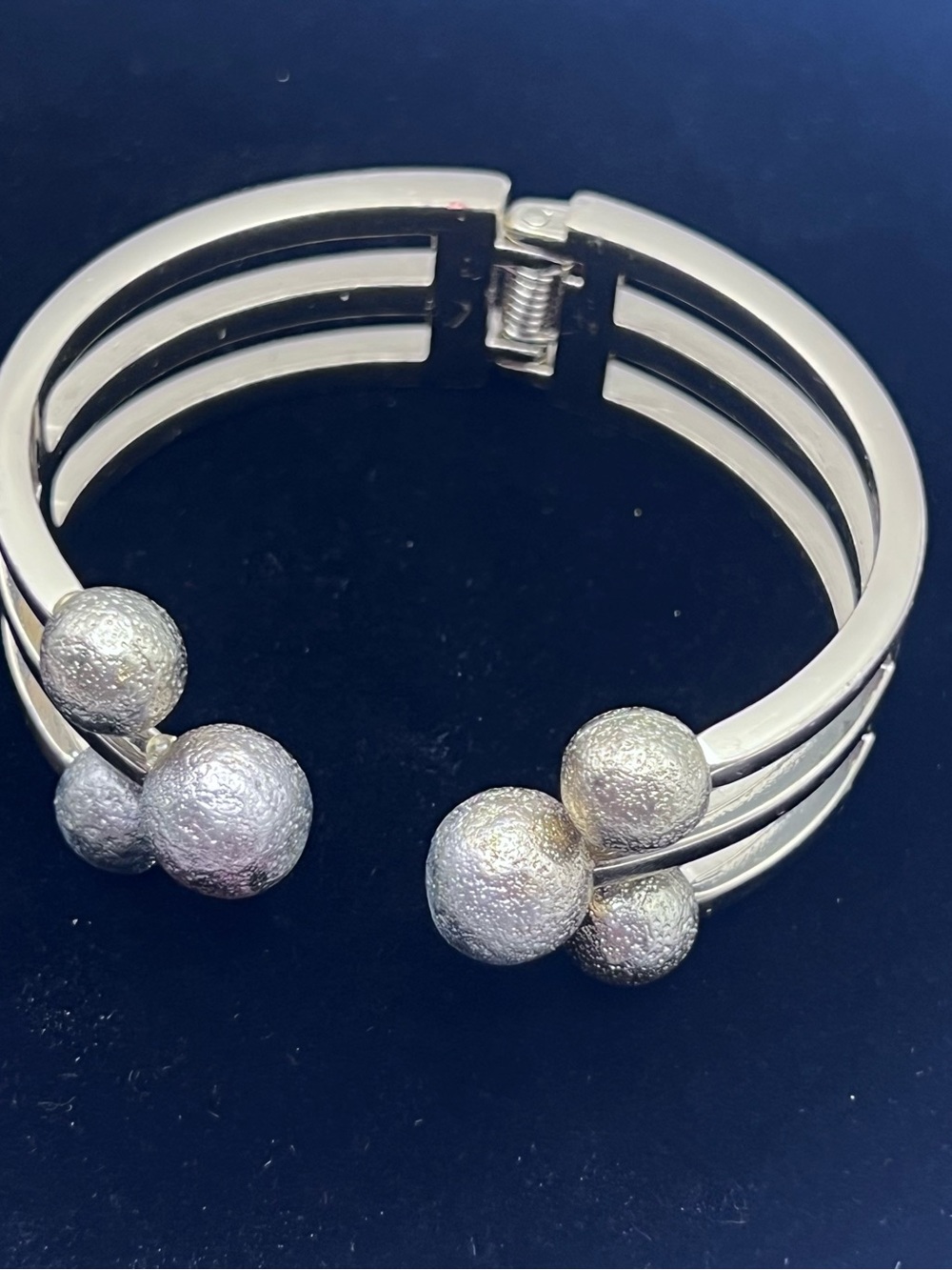Gold Tone Triple Band Hinged Cuff Bracelet Textured Ball Statement Jewelry